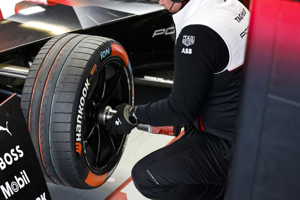 Hankook tyre fitted to a Porsche Formula E car. 